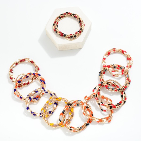 Set Of Five Metal Tone Beaded Stretch Bracelets Featuring Glass Crystal Beads 

- Approximately 2.5" D