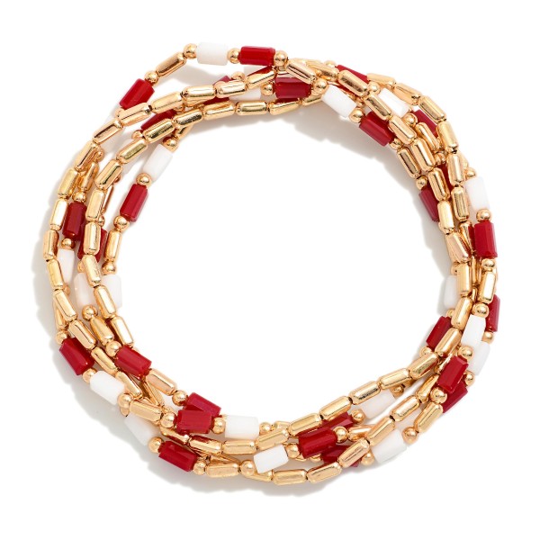 Set Of Five Metal Tone Beaded Stretch Bracelets Featuring Glass Crystal Beads 

- Approximately 2.5" D