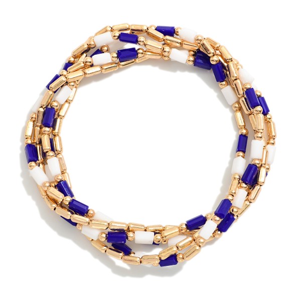 Set Of Five Metal Tone Beaded Stretch Bracelets Featuring Glass Crystal Beads 

- Approximately 2.5" D