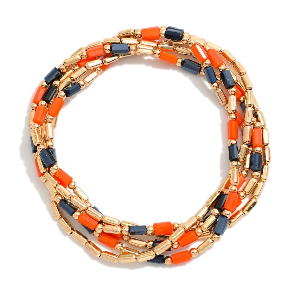Set Of Five Metal Tone Beaded Stretch Bracelets Featuring Glass Crystal Beads 

- Approximately 2.5" D