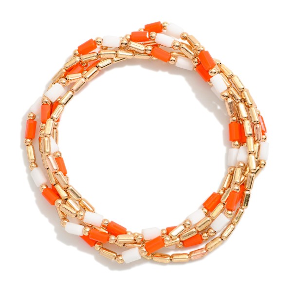 Set Of Five Metal Tone Beaded Stretch Bracelets Featuring Glass Crystal Beads 

- Approximately 2.5" D