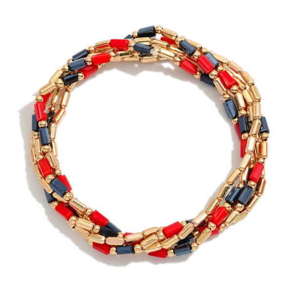Set Of Five Metal Tone Beaded Stretch Bracelets Featuring Glass Crystal Beads 

- Approximately 2.5" D