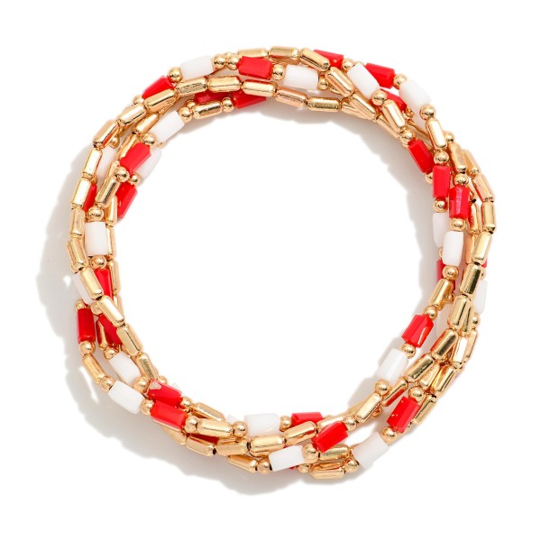 Set Of Five Metal Tone Beaded Stretch Bracelets Featuring Glass Crystal Beads 

- Approximately 2.5" D