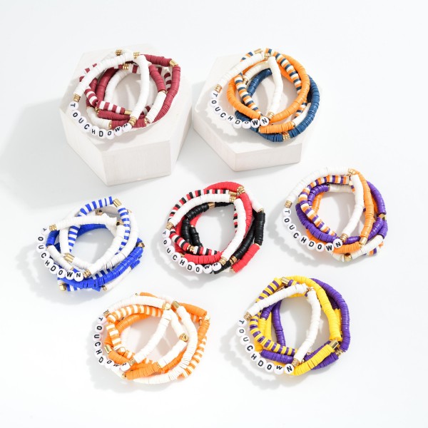Heishi Bead Beaded Stretch Bracelets Featuring "TOUCHDOWN" Beads 

- Approximately 3" L
