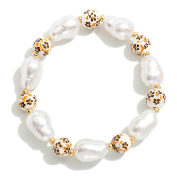 Baroque Pearl & Floral Porcelain Bead Beaded Stretch Bracelet 

- Approximately 2.25