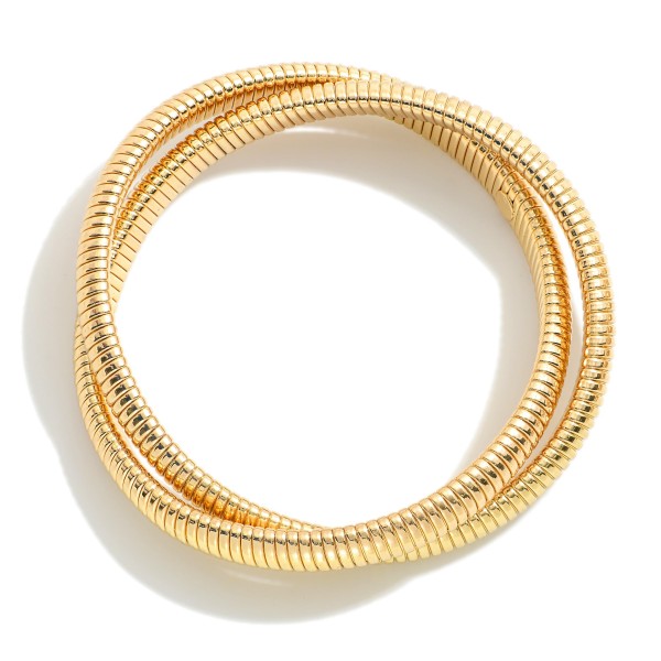Two Intertwined Metal Tone Stretch Snake Chain Bracelets 

- Approximately 3" D