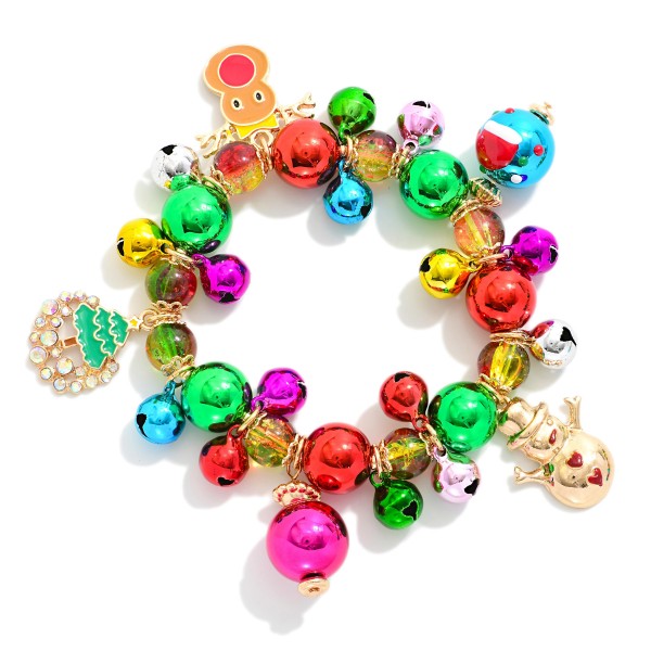 Metallic Bead Beaded Stretch Bracelet Featuring Jingle Bells & Metal Tone Christmas Charms 

- Approximately 3" D 