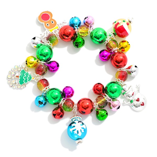 Metallic Bead Beaded Stretch Bracelet Featuring Jingle Bells & Metal Tone Christmas Charms 

- Approximately 3" D 