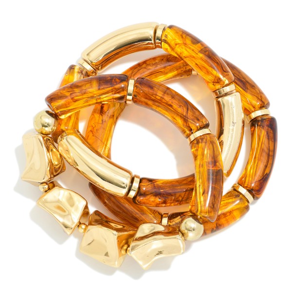Set Of Three Metal Tone & Acetate Bangle Stretch Bracelets 

- Approximately 2.75" D