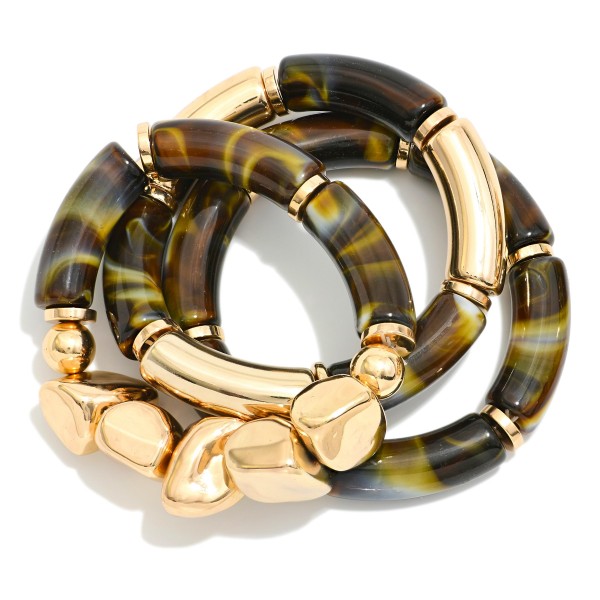 Set Of Three Marble Resin Stretch Bracelet Featuring Gold Accents

- Approximately 4" D