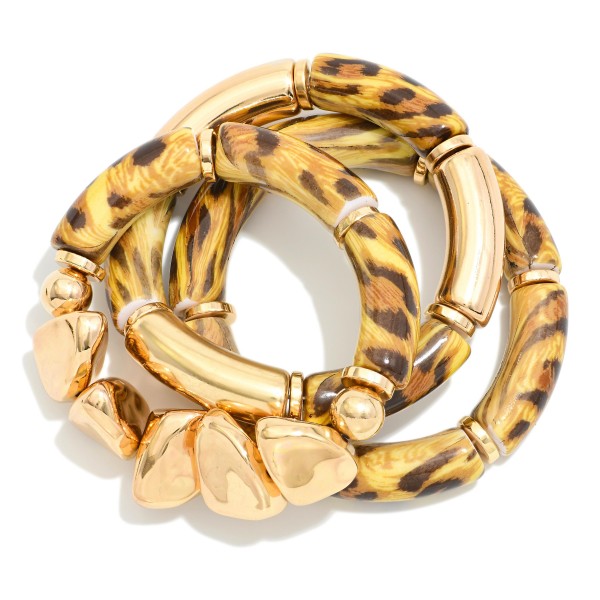 Set Of Three Leopard Print Stretch Bracelet Featuring Gold Tone Accents

- Approximately 2.75" D 