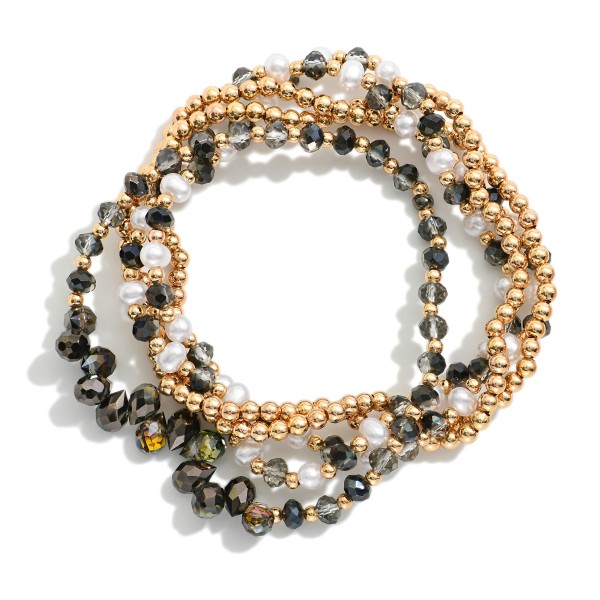 Set Of Five Beaded Stretch Bracelets Featuring Metal Tones, Faceted Beads, & Pearls 
- Approximately 2.5" D