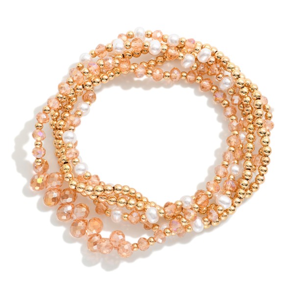Set Of Five Beaded Stretch Bracelets Featuring Metal Tones, Faceted Beads, & Pearls 
- Approximately 2.5" D