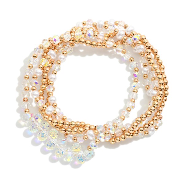 Set Of Five Beaded Stretch Bracelets Featuring Metal Tones, Faceted Beads, & Pearls 

- Approximately 2.5" D