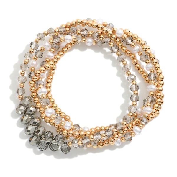 Set Of Five Beaded Stretch Bracelets Featuring Metal Tones, Faceted Beads, & Pearls 

- Approximately 2.5" D