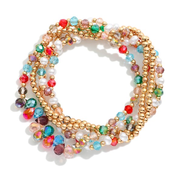 Set Of Five Beaded Stretch Bracelets Featuring Metal Tones, Faceted Beads, & Pearls 

- Approximately 2.5" D