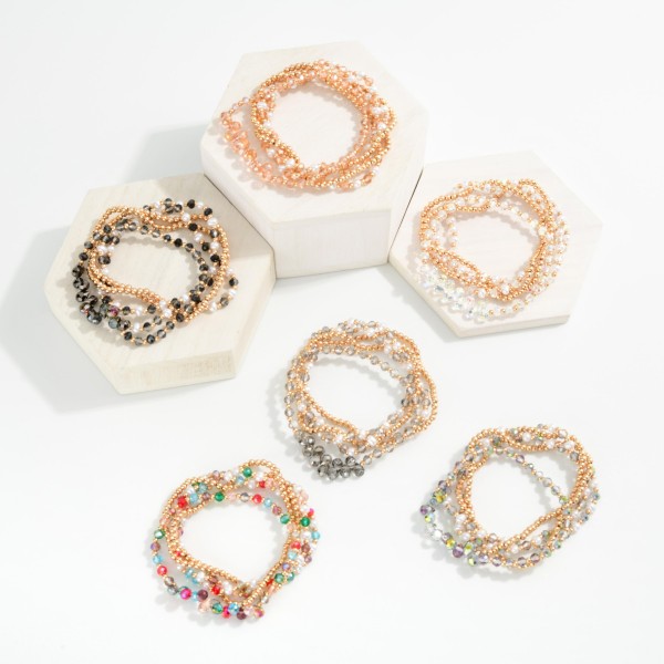 Set Of Five Beaded Stretch Bracelets Featuring Metal Tones, Faceted Beads, & Pearls 

- Approximately 2.5" D