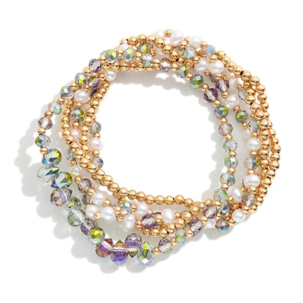 Set Of Five Beaded Stretch Bracelets Featuring Metal Tones, Faceted Beads, & Pearls 
- Approximately 2.5" D