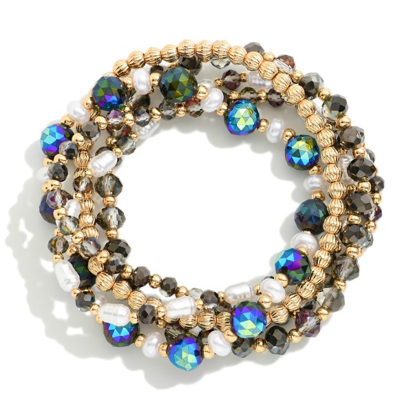Set Of Four Beaded Stretch Bracelets Featuring Faceted Beads, Pearl, & Gold Tones

- Approximately 2.5" D
