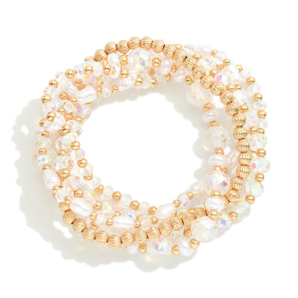 Set Of Four Beaded Stretch Bracelets Featuring Faceted Beads, Pearl, & Gold Tones

- Approximately 2.5" D