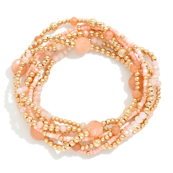 Set Of Seven Beaded Stretch Bracelets Featuring Metal Tone , Stone, & Seed Beads

- Approximately 3" D
