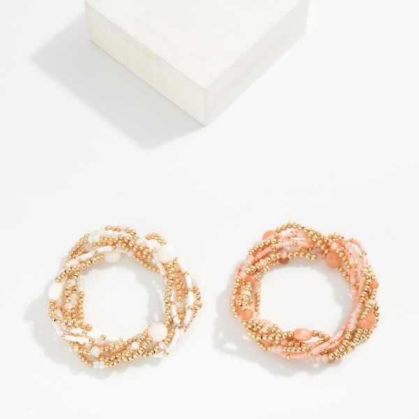 Set Of Seven Beaded Stretch Bracelets Featuring Metal Tone , Stone, & Seed Beads

- Approximately 3" D
