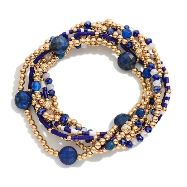 Set Of Seven Beaded Stretch Bracelets Featuring Metal Tone , Stone, & Seed Beads

- Approximately 3" D
