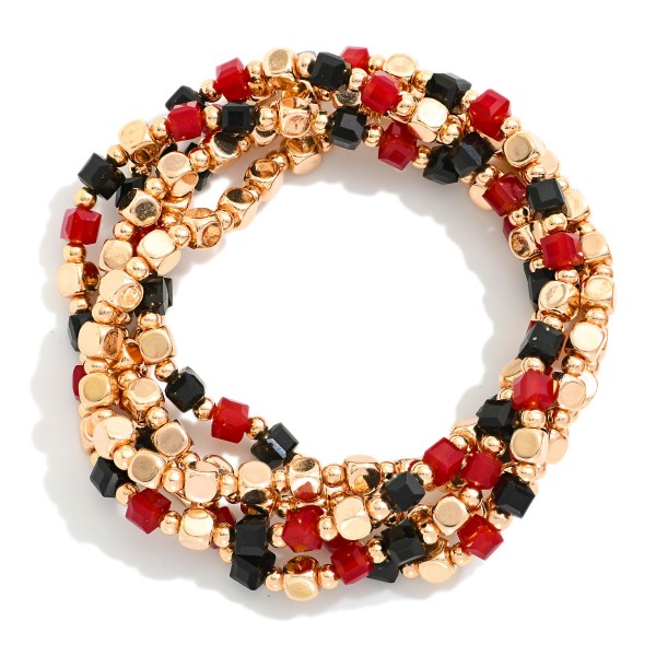 Set Of Five Metal Tone Squared Beaded Stretch Bracelets Featuring Glass Crystal Beads
- Approximately 2.5" D