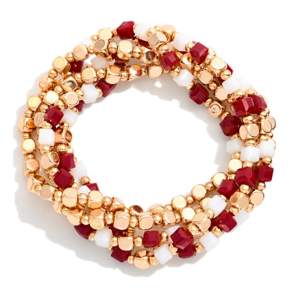 Set Of Five Metal Tone Squared Beaded Stretch Bracelets Featuring Glass Crystal Beads

- Approximately 2.5" D

