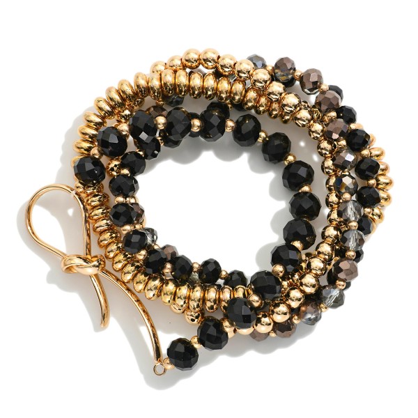 Set Of Five Beaded Stretch Bracelets Featuring Faceted Beads, Metal Tones, & Knotted Metal Detail 

- Approximately 2.5" D