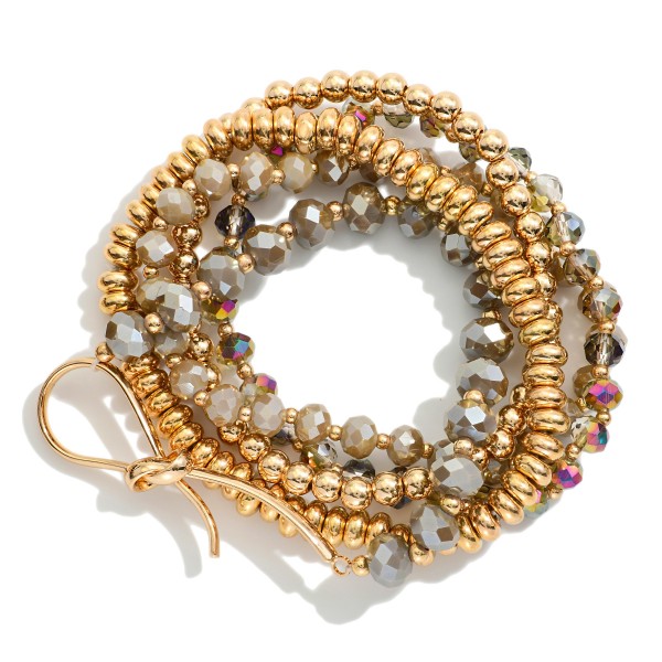 Set Of Five Beaded Stretch Bracelets Featuring Faceted Beads, Metal Tones, & Knotted Metal Detail 

- Approximately 2.5" D