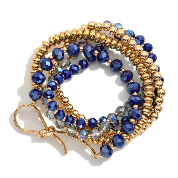 Set Of Five Beaded Stretch Bracelets Featuring Faceted Beads, Metal Tones, & Knotted Metal Detail 

- Approximately 2.5" D