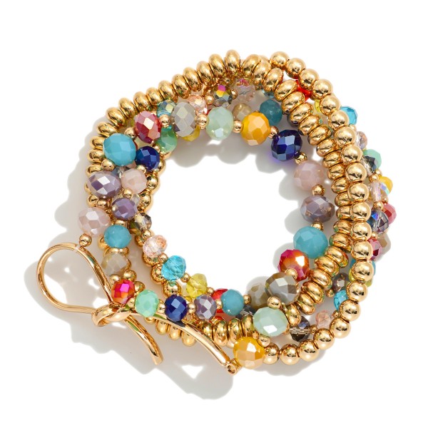 Set Of Five Beaded Stretch Bracelets Featuring Faceted Beads, Metal Tones, & Knotted Metal Detail 

- Approximately 2.5" D