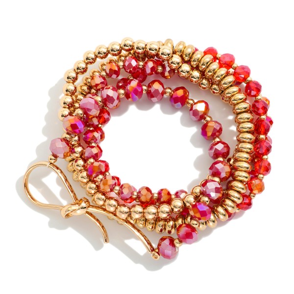 Set Of Five Beaded Stretch Bracelets Featuring Faceted Beads, Metal Tones, & Knotted Metal Detail 

- Approximately 2.5" D