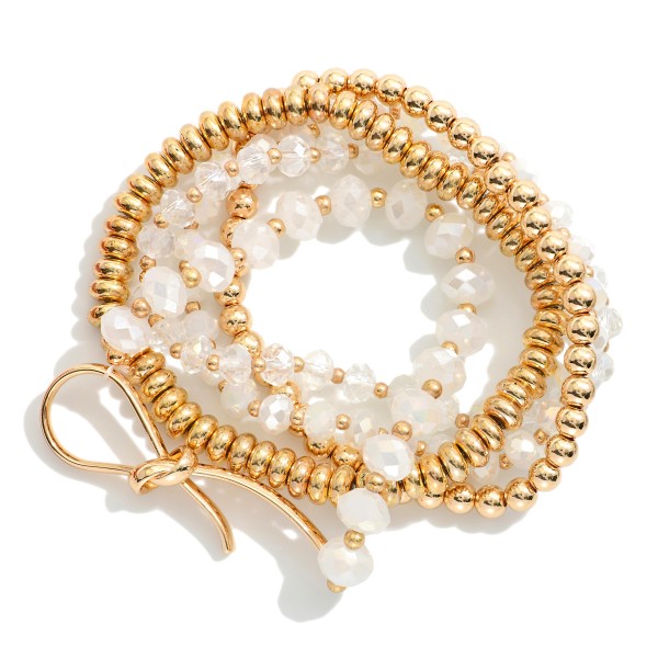 Set Of Five Beaded Stretch Bracelets Featuring Faceted Beads, Metal Tones, & Knotted Metal Detail 

- Approximately 2.5" D