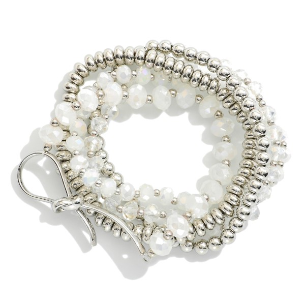 Set Of Five Beaded Stretch Bracelets Featuring Faceted Beads, Metal Tones, & Knotted Metal Detail 

- Approximately 2.5" D