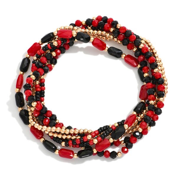 Set Of Seven Metal Tone Mix Beaded Stretch Bracelet Featuring Gold Tones 

- Approximately 3" L