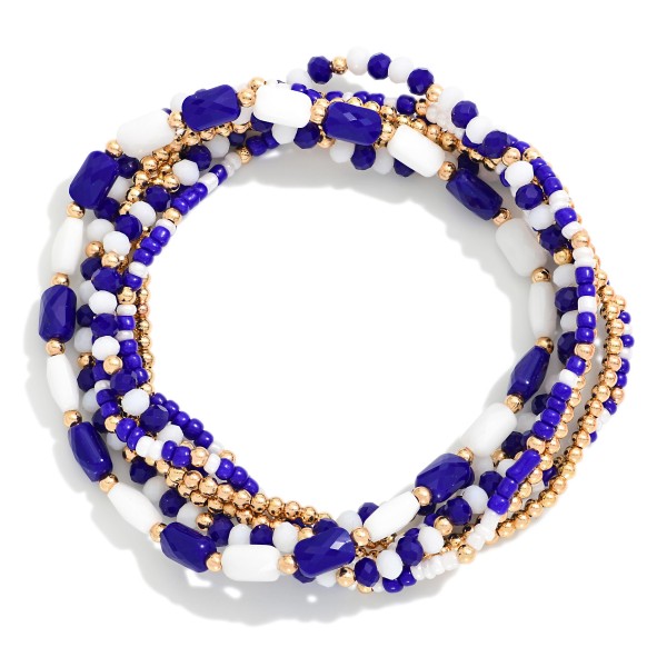 Set Of Seven Metal Tone Mix Beaded Stretch Bracelet Featuring Gold Tones 

- Approximately 3" L