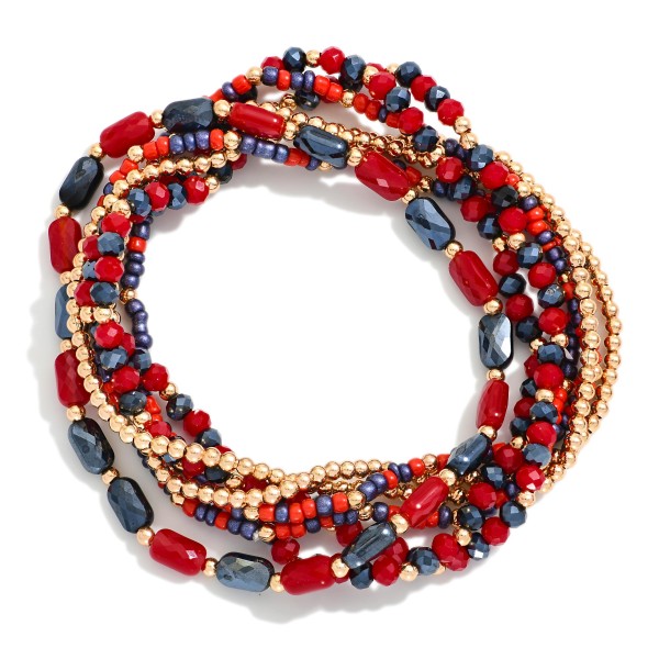 Set Of Seven Metal Tone Mix Beaded Stretch Bracelet Featuring Gold Tones 

- Approximately 3" L