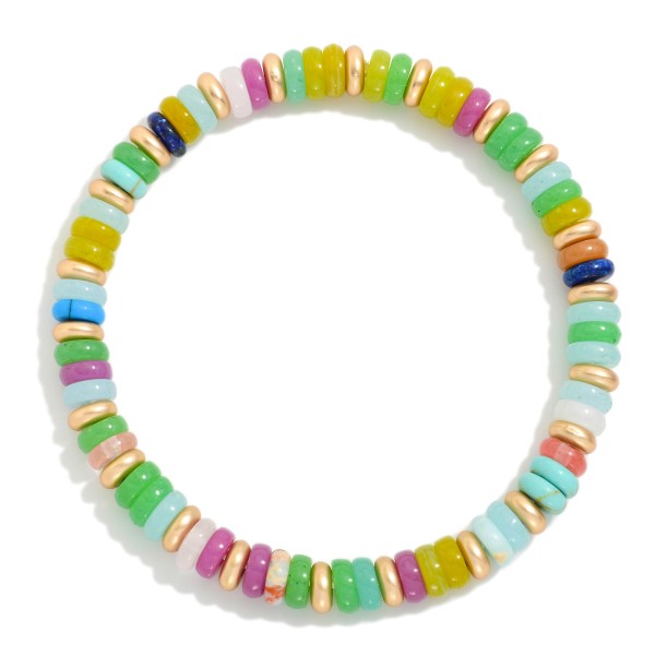 Beaded Stretch Bracelets Featuring Flatted Gold Tone Beads & Disc Beads

- Approximately 3" D

