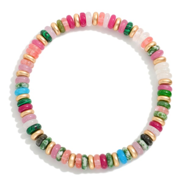 Beaded Stretch Bracelets Featuring Flatted Gold Tone Beads & Disc Beads

- Approximately 3" D

