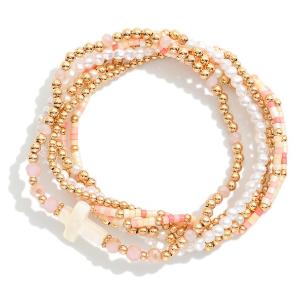 Wholesale set Six Beaded Stretch Bracelets Heishi Beads Metal Tones Pearl East W