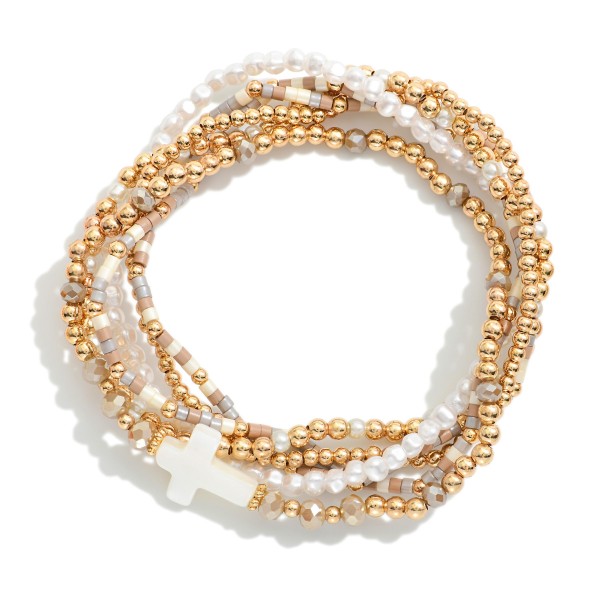Set Of Six Beaded Stretch Bracelets Featuring Heishi Beads, Metal Tones, & Pearl East West Cross 

- Approximately 2.5" D