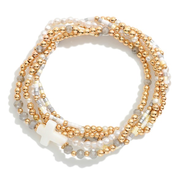 Set Of Six Beaded Stretch Bracelets Featuring Heishi Beads, Metal Tones, & Pearl East West Cross 

- Approximately 2.5" D