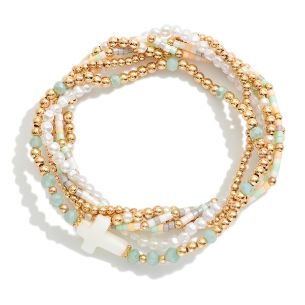 Set Of Six Beaded Stretch Bracelets Featuring Heishi Beads, Metal Tones, & Pearl East West Cross 

- Approximately 2.5" D