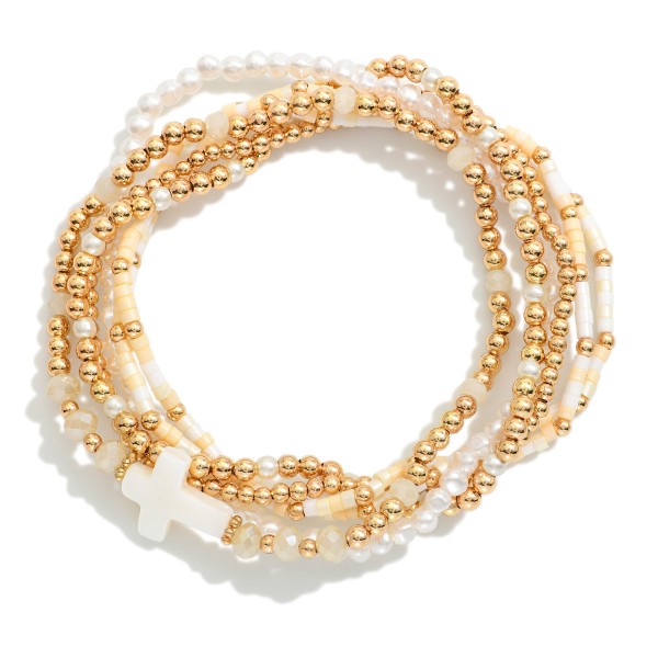 Set Of Six Beaded Stretch Bracelets Featuring Heishi Beads, Metal Tones, & Pearl East West Cross 

- Approximately 2.5" D