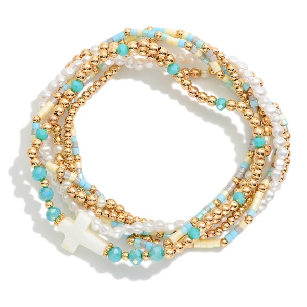 Set Of Six Beaded Stretch Bracelets Featuring Heishi Beads, Metal Tones, & Pearl East West Cross 

- Approximately 2.5" D