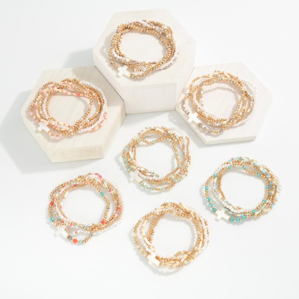 Set Of Six Beaded Stretch Bracelets Featuring Heishi Beads, Metal Tones, & Pearl East West Cross 
- Approximately 2.5" D