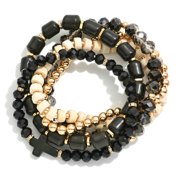 Set Of Five Beaded Stretch Bracelets Featuring Metal Tones, Stone, & Faceted Beads 

- Approximately 3" D