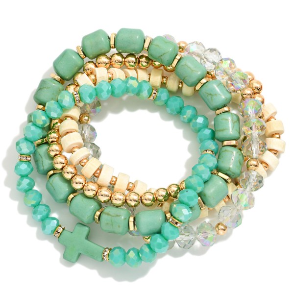 Set Of Five Beaded Stretch Bracelets Featuring Metal Tones, Stone, & Faceted Beads 

- Approximately 3" D